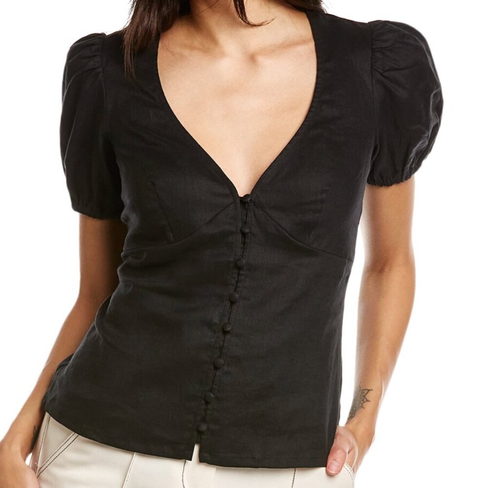 Boden Fitted Linen V-Neck Top, Black, US Size 4